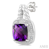 8 MM Cushion Shape Amethyst and 1/20 Ctw Single Cut Diamond Semi-Precious Earrings in Sterling Silver