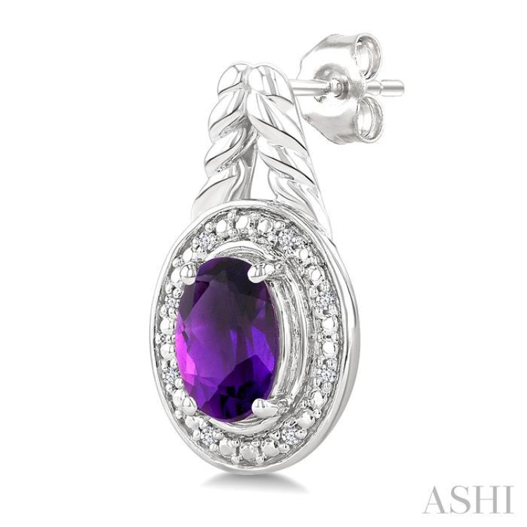 8X6 MM Cushion Shape Amethyst and 1/20 Ctw Single Cut Diamond Semi-Precious Earrings in Sterling Silver