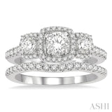 1 1/4 Ctw Diamond Wedding Set With 1 Ct Triple Cushion Shape Past, Present & Future Engagement Ring and 1/4 Ct Curved Wedding Band in 14K White Gold