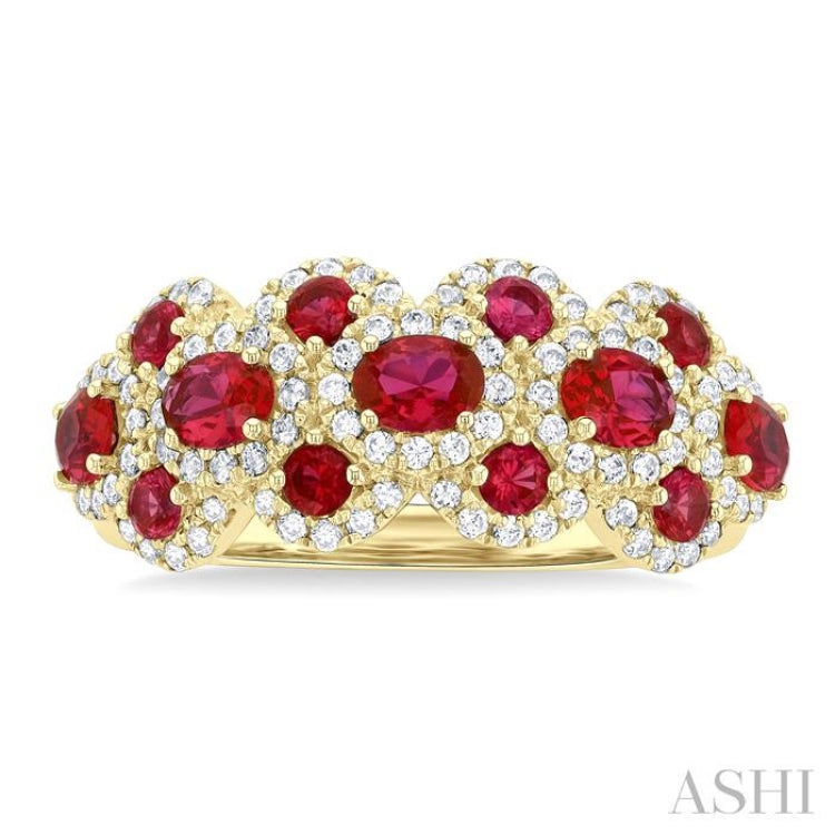 4X3 MM Oval Shape & 2.2 MM and 1/2 Ctw Round Cut Ruby and Round Cut Diamond Scalloped Edge Precious Ring in 14K Yellow Gold