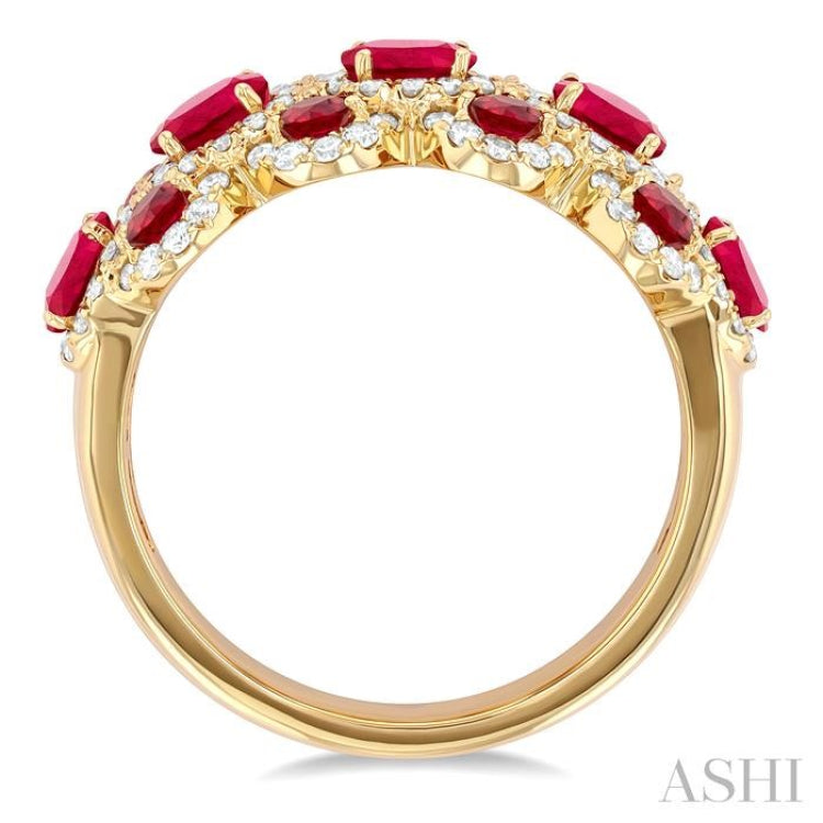 4X3 MM Oval Shape & 2.2 MM and 1/2 Ctw Round Cut Ruby and Round Cut Diamond Scalloped Edge Precious Ring in 14K Yellow Gold