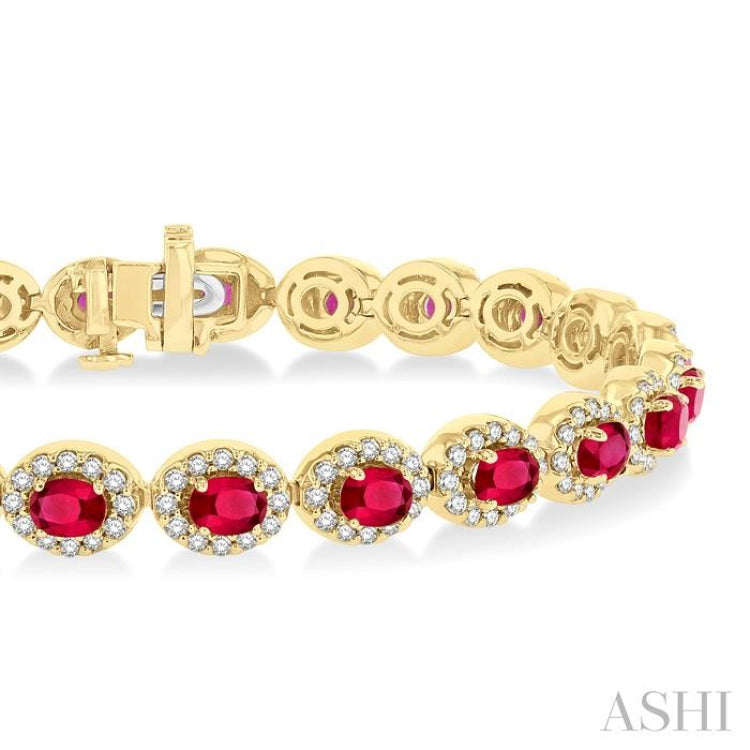 4X3 MM Oval Cut Ruby and 2 1/6 Ctw Round Cut Diamond Halo Precious Bracelet in 14K Yellow Gold
