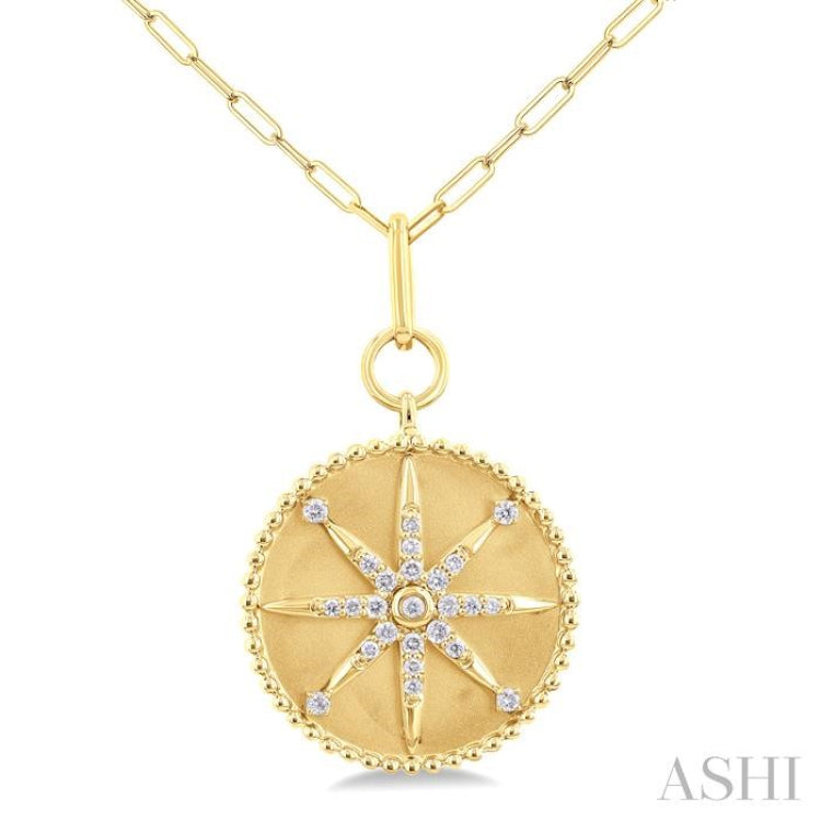 1/4 Ctw Round Cut Diamond Compass Symbol Circle Medallion Fashion Pendant With Paperclip Chain in 14K Yellow Gold