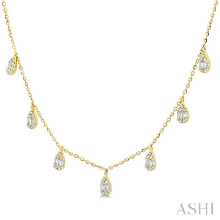 1/3 Ctw Pear Shaped Danglers Fusion Baguette and Round Cut Diamond Station Necklace in 10K Yellow Gold
