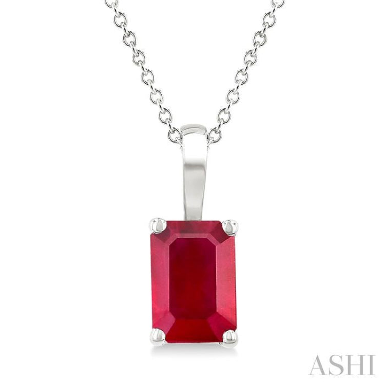 6X4 MM Octagon Shape Ruby Precious Solitaire Pendant With Chain in 14K White Gold