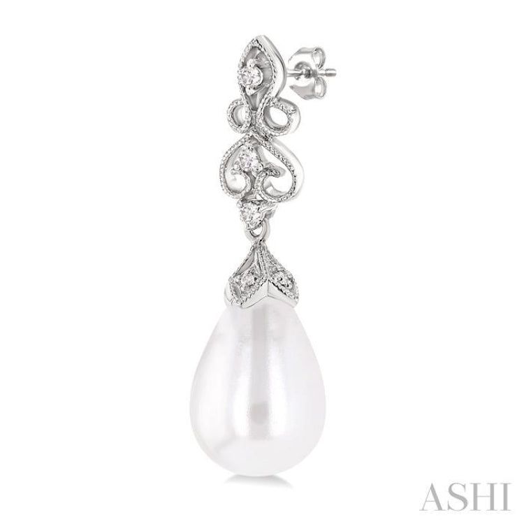 8X6 MM Cultured Pearl and 1/20 Ctw Round Cut Diamond Earrings in 10K White Gold