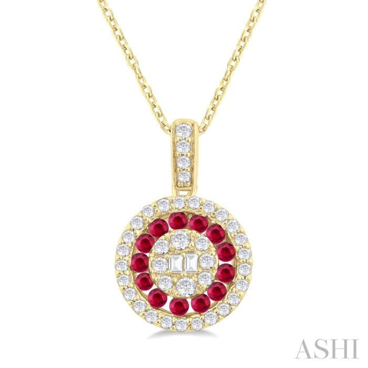 1.35 MM Round Shape Ruby and 1/4 Ctw Baguette and Round Cut Diamond Precious Pendant With Chain in 14K Yellow Gold