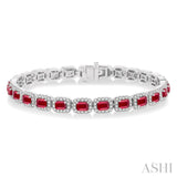 4X3 MM Emerald Cut Ruby and 2 1/5 Ctw Round Cut Diamond Halo Precious Bracelet in 14K White Gold