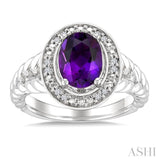 9x7 MM Oval Shape Amethyst and 1/20 Ctw Round Cut Diamond Semi-precious Ring in Sterling Silver