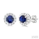 3.25 MM Round Sapphire and 1/10 Ctw Single Cut Diamond Halo Precious Stud Earrings in 14K White Gold