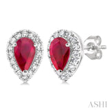 5x3 MM Pear Shape Ruby and 1/8 Ctw Single Cut Diamond Halo Precious Stud Earrings in 14K White Gold