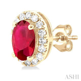 5x3 MM Oval Shape Ruby and 1/8 Ctw Single Cut Diamond Halo Precious Stud Earrings in 10K Yellow Gold