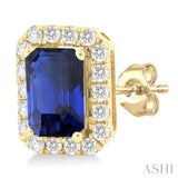6x4 MM Octagonal Shape Sapphire and 1/4 Ctw Round Cut Diamond Halo Precious Stud Earrings in 10K Yellow Gold