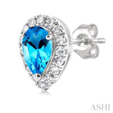 5x3 MM Pear Shape Blue Topaz and 1/8 Ctw Single Cut Diamond Halo Semi-Precious Stud Earrings in 14K White Gold