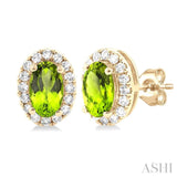 5x3 MM Oval Shape Peridot and 1/8 Ctw Single Cut Diamond Halo Semi-Precious Stud Earrings in 14K Yellow Gold