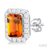 6x4 MM Octagonal Shape Citrine and 1/4 Ctw Round Cut Diamond Halo Semi-Precious Stud Earrings in 10K White Gold