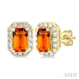 5x3 MM Octagonal Shape Citrine and 1/8 Ctw Single Cut Diamond Halo Semi-Precious Stud Earrings in 10K Yellow Gold