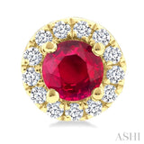 3.25 MM Round Ruby and 1/10 Ctw Round Cut Diamond Halo Precious Stud Earrings in 14K Yellow Gold