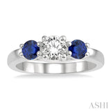 3.90 MM Round Shape Sapphire and 1/2 Ctw Past Present and Future Round Cut Diamond Precious Ring in 14K White Gold