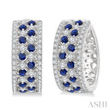 1 Ctw Fretwork 2MM Round Cut Sapphire and Round Cut Diamond Precious Hoop Earring in 14K White Gold