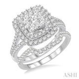 1 3/8 Ctw Lovebright Round Cut Diamond Wedding Set With 1 1/6 Ctw Cushion Shape Engagement Ring and 1/4 Ctw Scooped Wedding Band in 14K White Gold