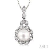 6.5 MM Cultured Pearl and 1/10 Ctw Round Cut Diamond Pendant in 14K White Gold with Chain