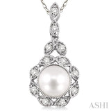 6.5 MM Cultured Pearl and 1/10 Ctw Round Cut Diamond Pendant in 14K White Gold with Chain
