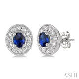 4x3 MM Oval Shaped Sapphire and 1/10 Ctw Round Cut Diamond Earrings in 14K White Gold