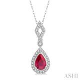 6x4 MM Pear Shape Ruby and 1/6 Ctw Round Cut Diamond Precious Pendant With Chain in 10K White Gold