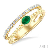 4x3 MM Oval Shape Emerald and 1/5 Ctw Round Cut Diamonds Precious Fashion Split Twin Ring in 10K Yellow Gold