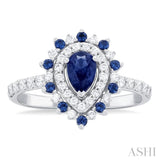 6X4 MM Pear Shape & 1.5 MM Round Cut Sapphire and 3/8 ctw Round Cut Diamond Floral Precious Ring in 14K White Gold