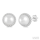 5.5 MM Round Shape Cultured Pearls and 1/8 ctw Petite Round Cut Diamond Halo Fashion Stud Earring in 10K White Gold