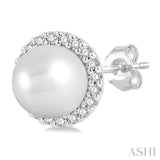 5.5 MM Round Shape Cultured Pearls and 1/8 ctw Petite Round Cut Diamond Halo Fashion Stud Earring in 10K White Gold