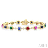 4X3 MM & 4 MM Mixed Shape Gemstone Rainbow and 1.00 ctw Round Cut Diamond Halo Precious Tennis Bracelet in 14K Yellow Gold