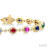 4X3 MM & 4 MM Mixed Shape Gemstone Rainbow and 1.00 ctw Round Cut Diamond Halo Precious Tennis Bracelet in 14K Yellow Gold