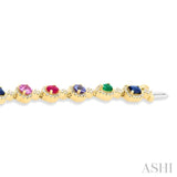 4X3 MM & 4 MM Mixed Shape Gemstone Rainbow and 1.00 ctw Round Cut Diamond Halo Precious Tennis Bracelet in 14K Yellow Gold