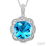 1/20 ctw Cushion Shape 10X10 MM Blue Topaz and Round Cut Diamond Semi Precious Pendant With Chain in Sterling Silver