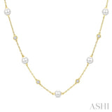 5 MM Round Shape Cultured Pearl and 1/4 Ctw Round Cut Diamond Station Necklace in 14K Yellow Gold