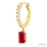 1/8 ctw Petite 5x3 MM Ruby Drop and Round Cut Diamond Precious Fashion Huggies in 10K Yellow Gold