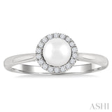 5 MM White Cultured Pearl and 1/20 Ctw Round Cut Diamond Halo Ring in 14K White Gold