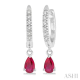 5x3 MM Pear Shape Ruby and 1/8 Ctw Round Cut Diamond Petite Fashion Huggie Earrings in 10K White Gold