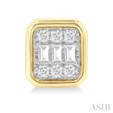 1/5 ctw Petite Bezel Set Emerald Shape Fusion Baguette and Round Cut Diamond Fashion Stud Earring in 10K Yellow Gold