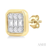 1/5 ctw Petite Bezel Set Emerald Shape Fusion Baguette and Round Cut Diamond Fashion Stud Earring in 10K Yellow Gold