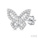 1/2 Ctw Butterfly Baguette and Round Cut Diamond Fashion Stud Earring in 14K White Gold