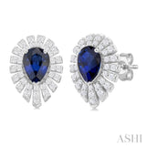 1/3 Ctw Starburst 5X3 MM Pear Cut Sapphire and Round Cut Diamond Precious Stud Earring in 14K White Gold