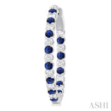 2.1 MM Round Sapphire and 1 ctw Round Cut Diamond Inside & Outside Alternating Precious Hoop Earrings in 14K White Gold