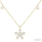 3/8 ctw Petite Floral Dangle Baguette and Round Cut Diamond Station Necklace in 10K Yellow Gold