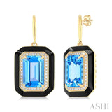 12x8 MM Emerald Cut Blue Topaz and 1/3 ctw Round Cut Diamond Halo & Black Enamel Border Semi Precious Earrings in 14K Yellow Gold