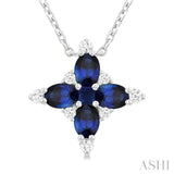 4x3 MM Oval Cut & 2 MM Princess Cut Sapphire and 1/10 Ctw Round Cut Diamond Floral Design Pendant With Chain in 14K White Gold