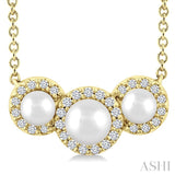 1/8 Ctw Past Present and Future 4 MM & 3 MM Cultured Pearl and Round Cut Diamond Halo Pendant With Chain in 14K Yellow Gold